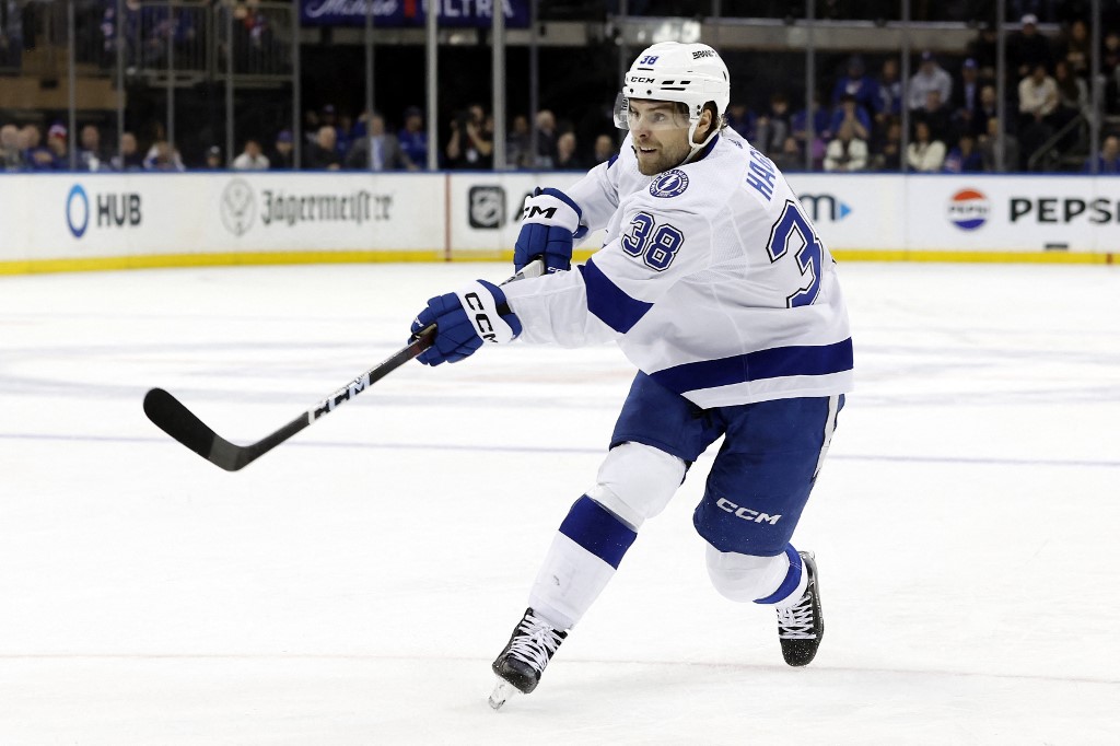 Brandon Hagel #38 of the Tampa Bay Lightning controls the puck as we make our NHL best bets and player props for Saturday.