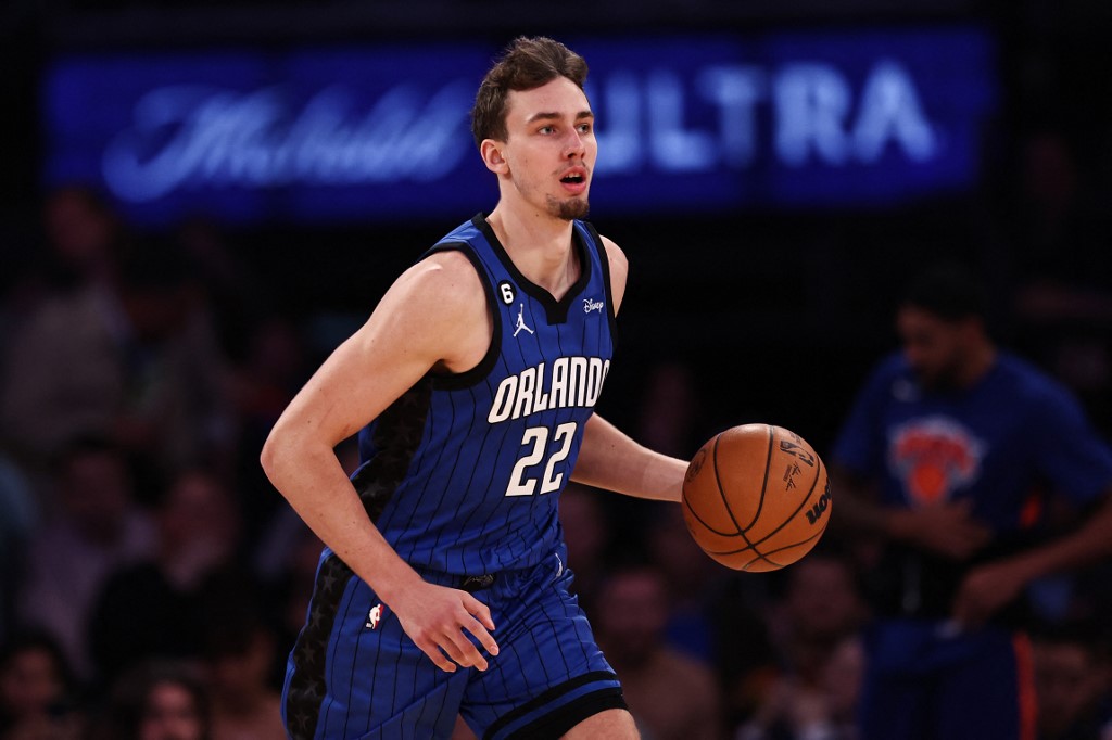 Franz Wagner of the Orlando Magic brings the ball up the court during the first quarter of the game against the New York Knicks at Madison Square Garden on October 24, 2022 in New York City.