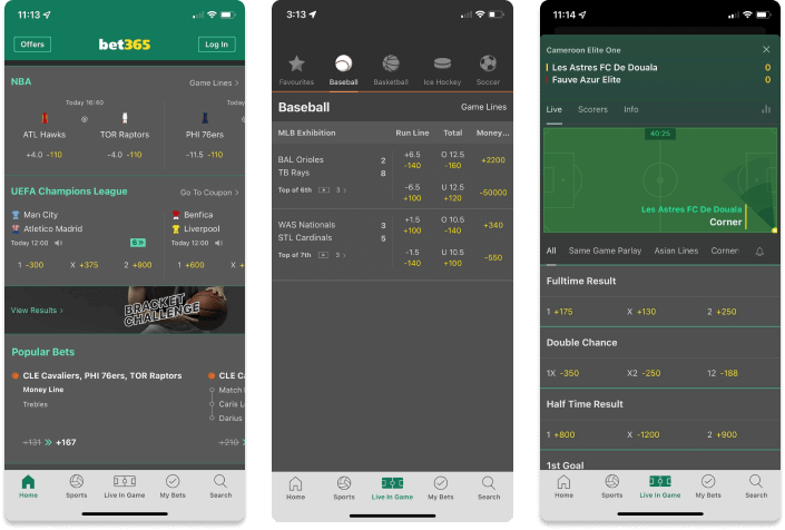 Screenshot of bet365 Underscoreg mobile app for iOS devices.