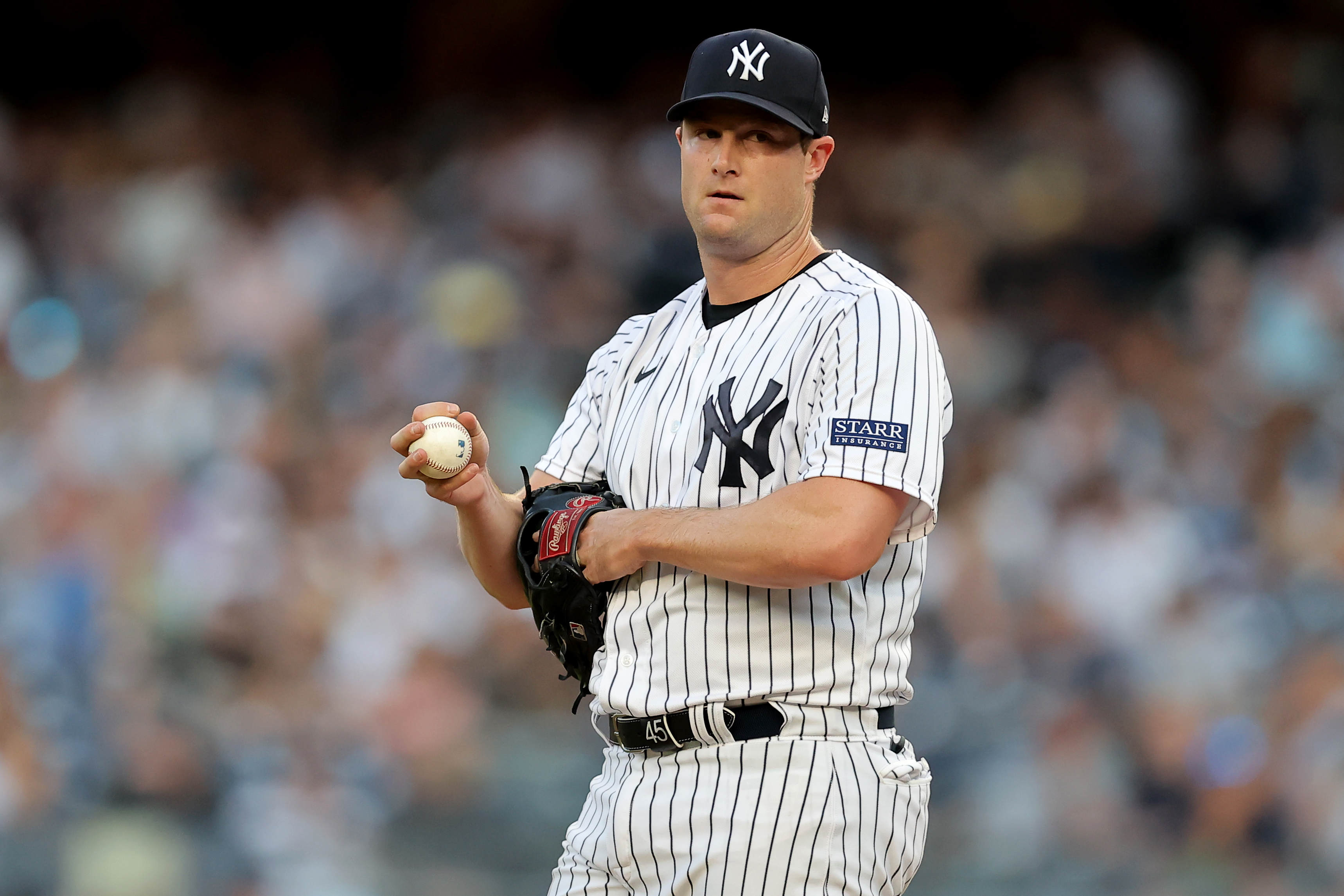 New York Yankees starting pitcher Gerrit Cole reacts during the first inning against the Tampa Bay Rays at Yankee Stadium as we look at our Yankees vs. Mets player props.