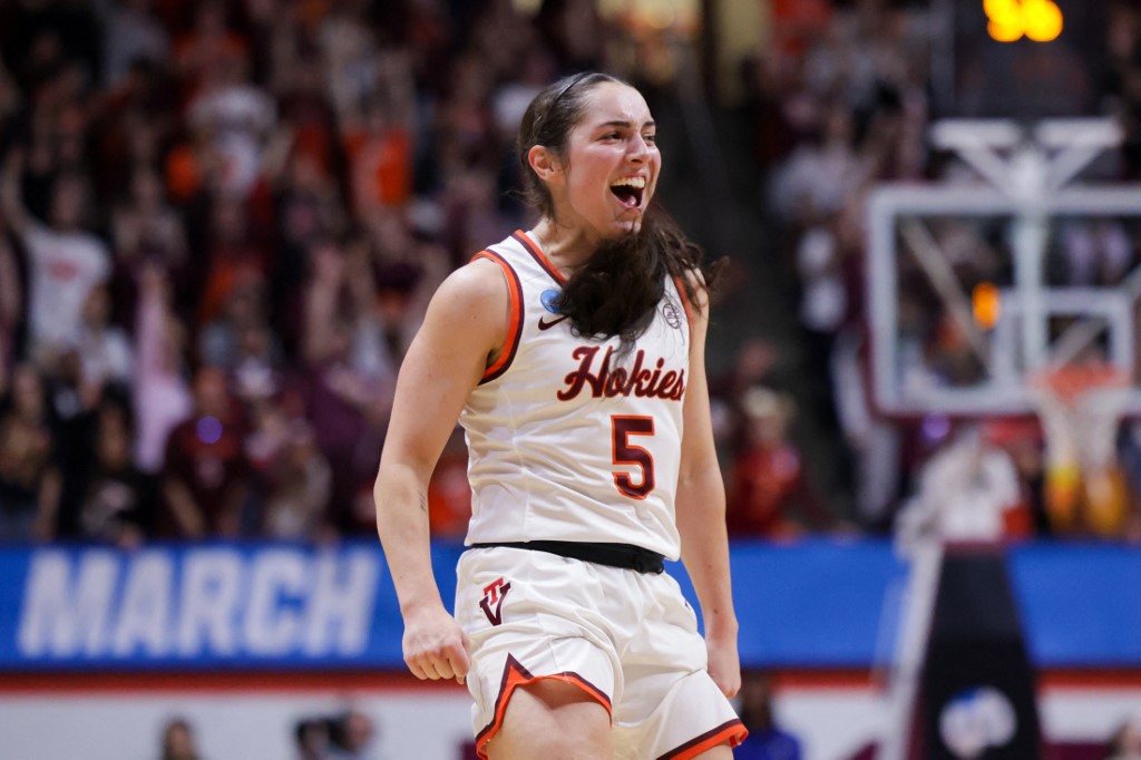Georgia Amoore #5 of the Virginia Tech Hokies reacts as we look at the 2024 March sports betting financials for Virginia