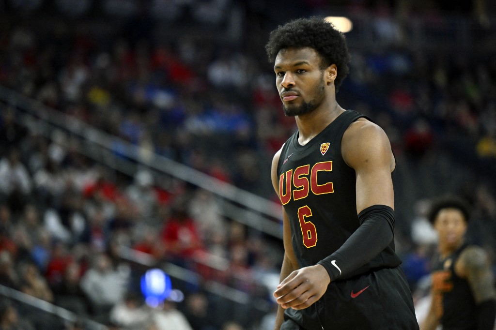 Bronny James of the USC Trojans looks on in the second half against the Arizona Wildcats.