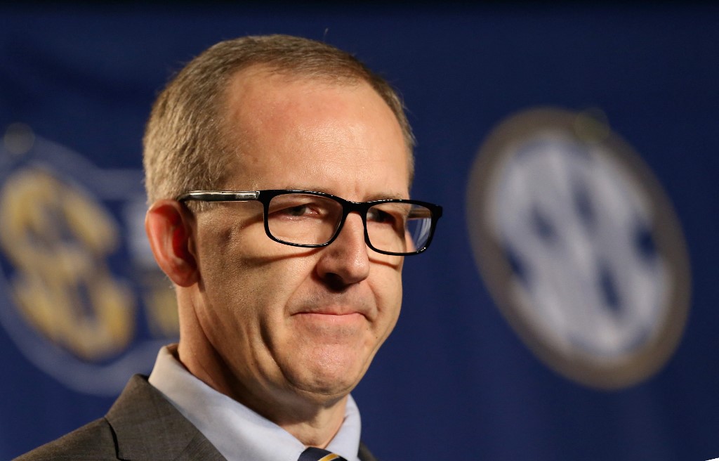 Greg Sankey the new commissioner of the SEC talks to the media before the quaterfinals of the SEC Basketball Tournament at Bridgestone Arena as we look at the SEC deciding on if it will ban player props.