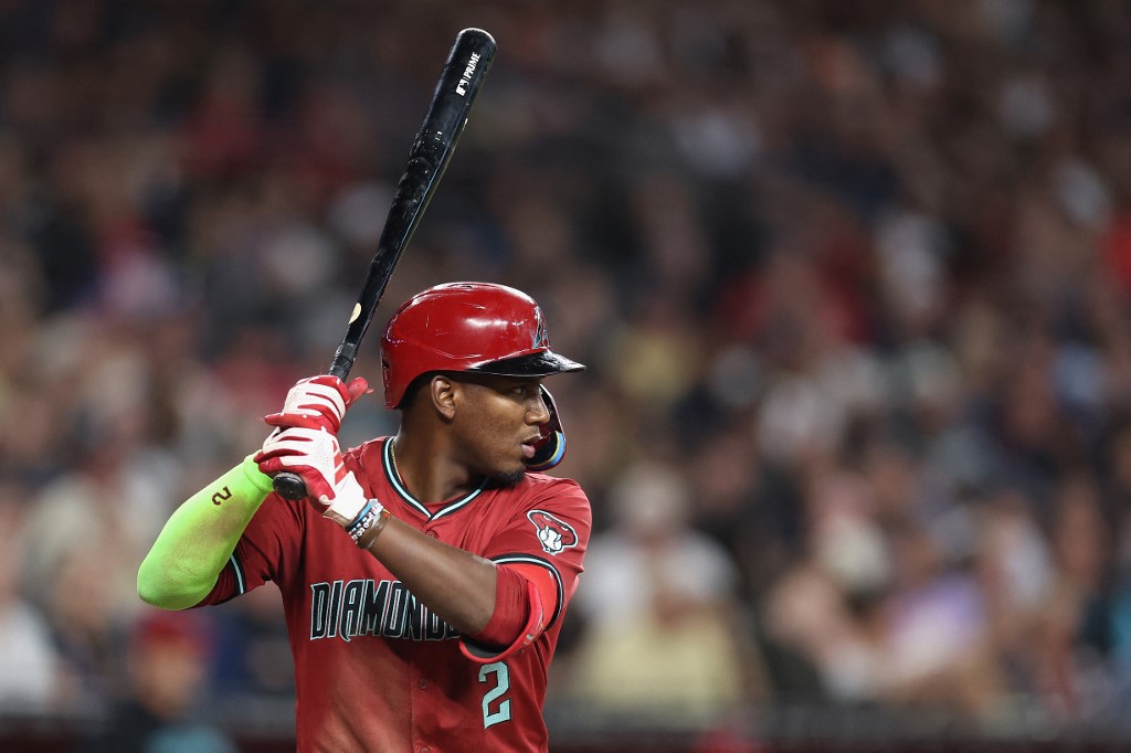 Geraldo Perdomo #2 of the Arizona Diamondbacks bats as we look at the details surrounding the Fanatics launch in Arizona
