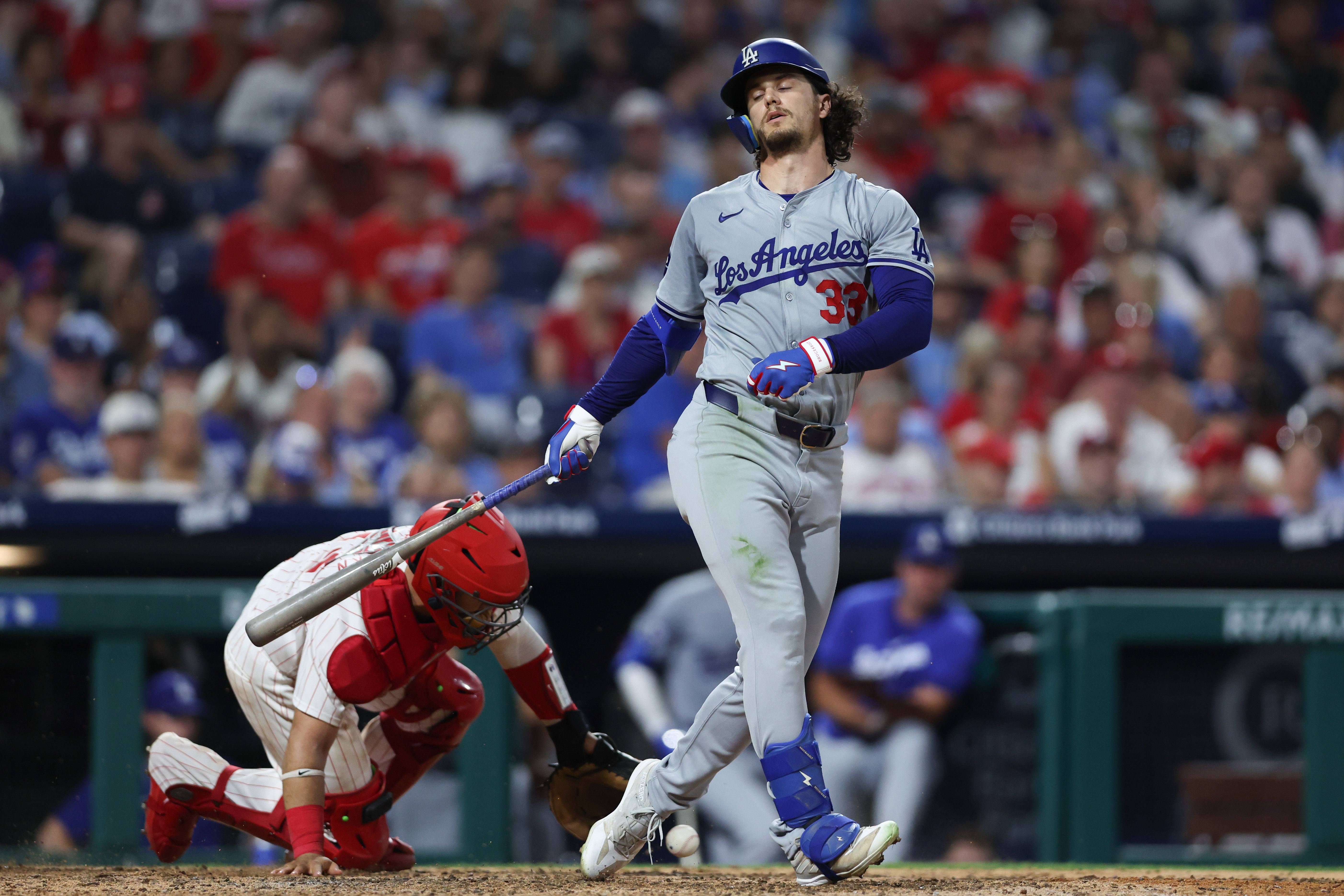 Los Angeles Dodgers outfielder James Outman strikes out in front of Philadelphia Phillies catcher Rafael Marchán as we look at our Dodgers vs. Phillies player props & expert picks for Wednesday, July 10