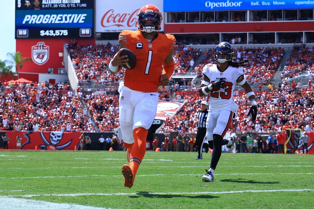 Justin Fields #1 of the Chicago Bears features in our Bears vs. Chiefs predictions.