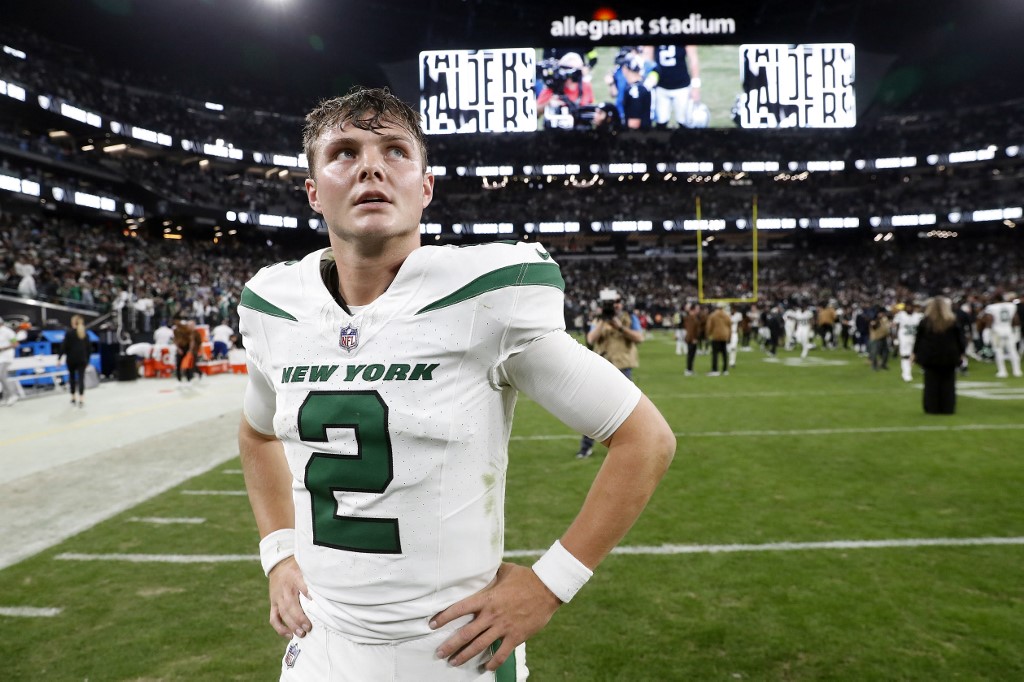 Quarterback Zach Wilson #2 of the New York Jets walks off the field as we look at our Jets vs. Bills Week 11 NFL player prop predictions.