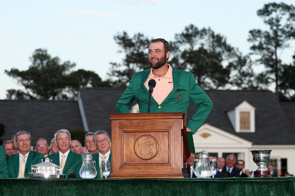 Scottie Scheffler of the United States speaks to the crowd as we look at the besr FedEx Cup odds