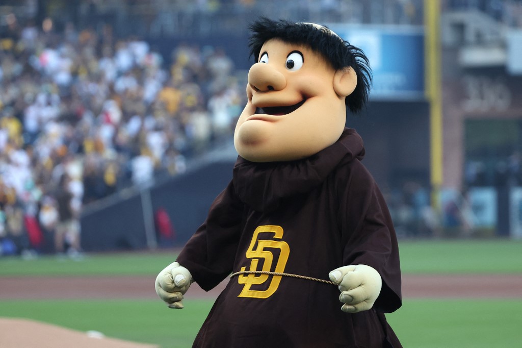 Mascot Swinging Friar of the San Diego Padres on the field as we look at the state of the legal sports betting scene in California.