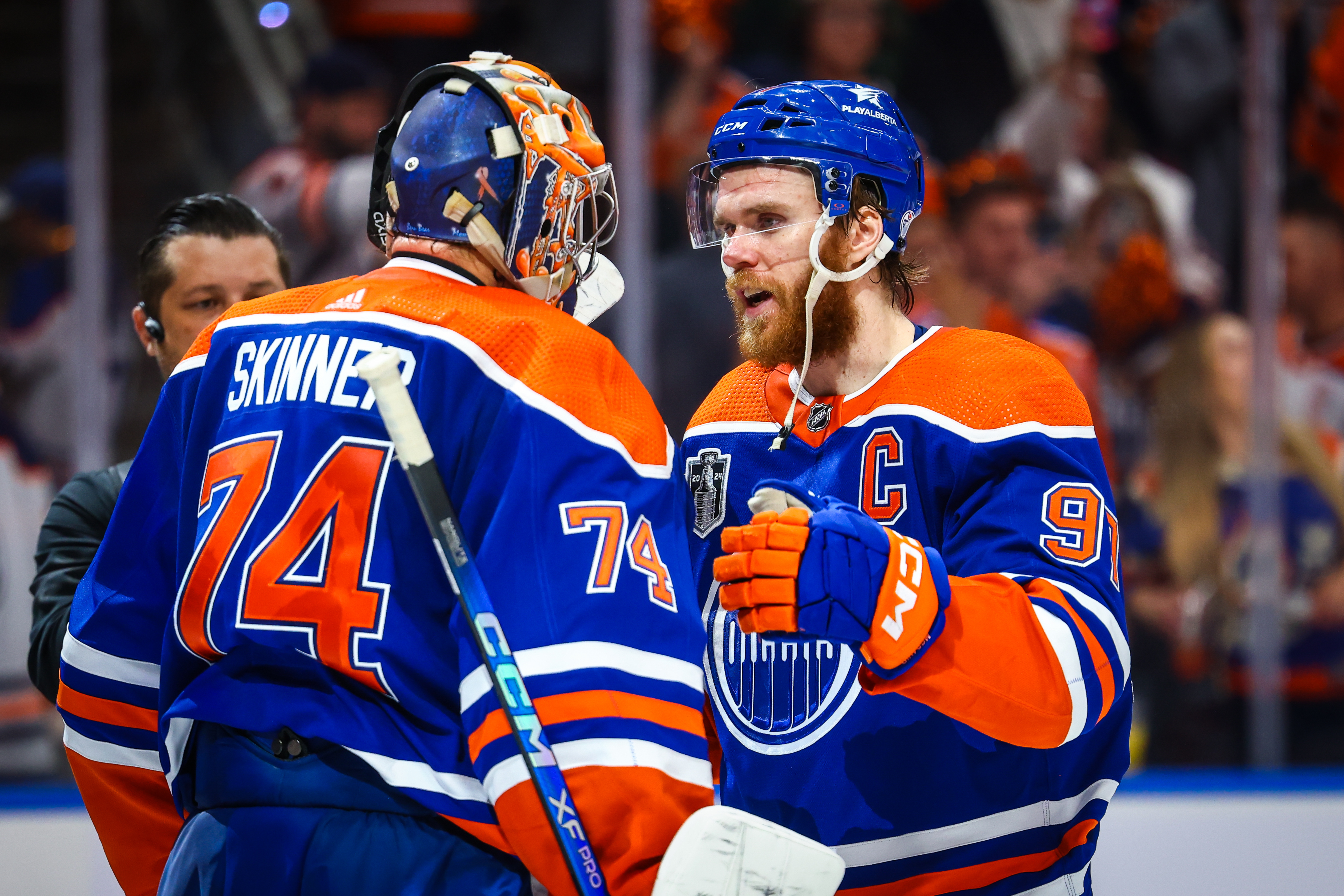 Edmonton Oilers goaltender Stuart Skinner and center Connor McDavid celebrate as we take a look at the 2024-25 Stanley Cup favorites, analyzing which teams have the best chance of winning it all.