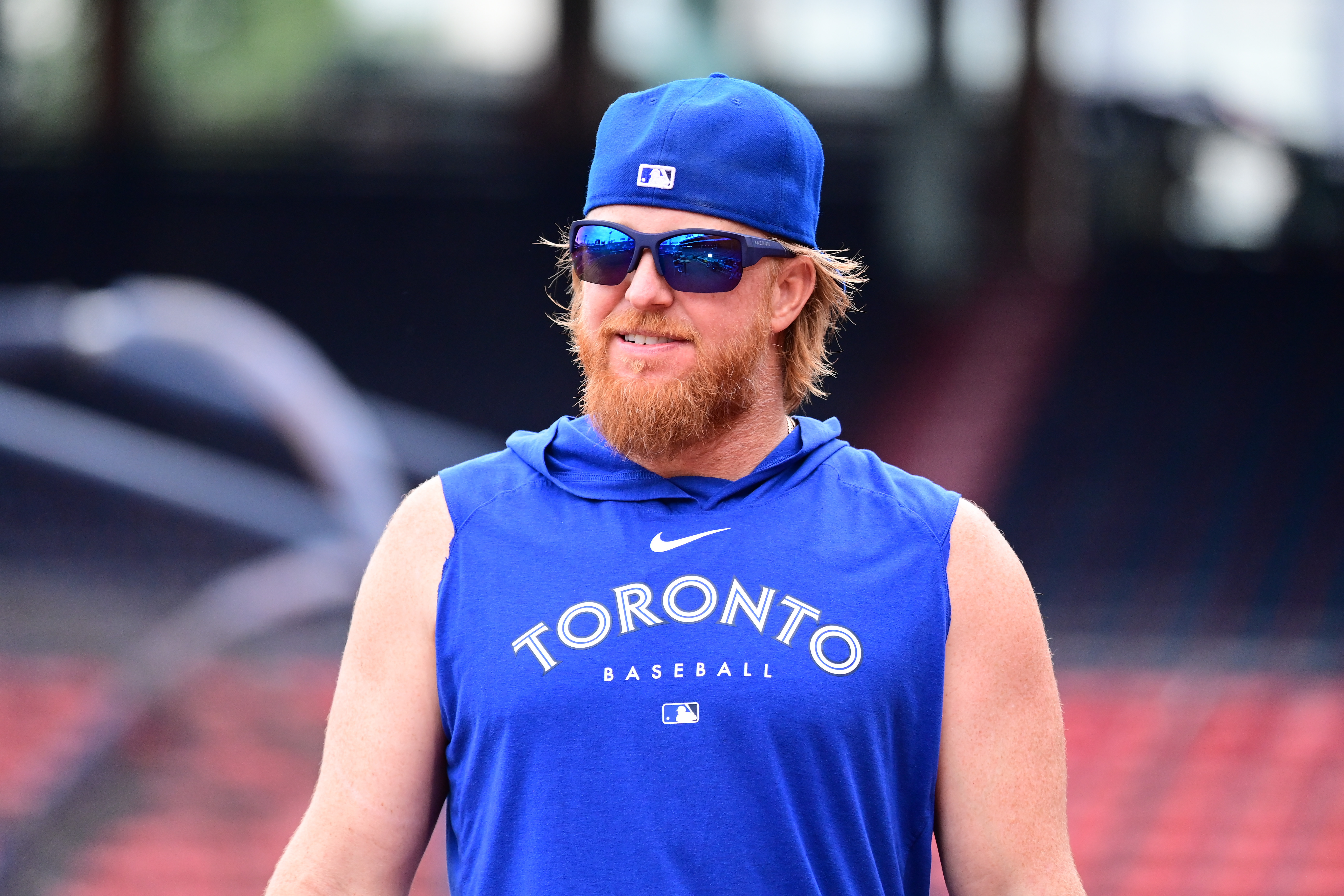 Toronto Blue Jays designated hitter Justin Turner looks on before a game as we look at our Astros vs. Blue Jays expert player props for July 1 Canada Day