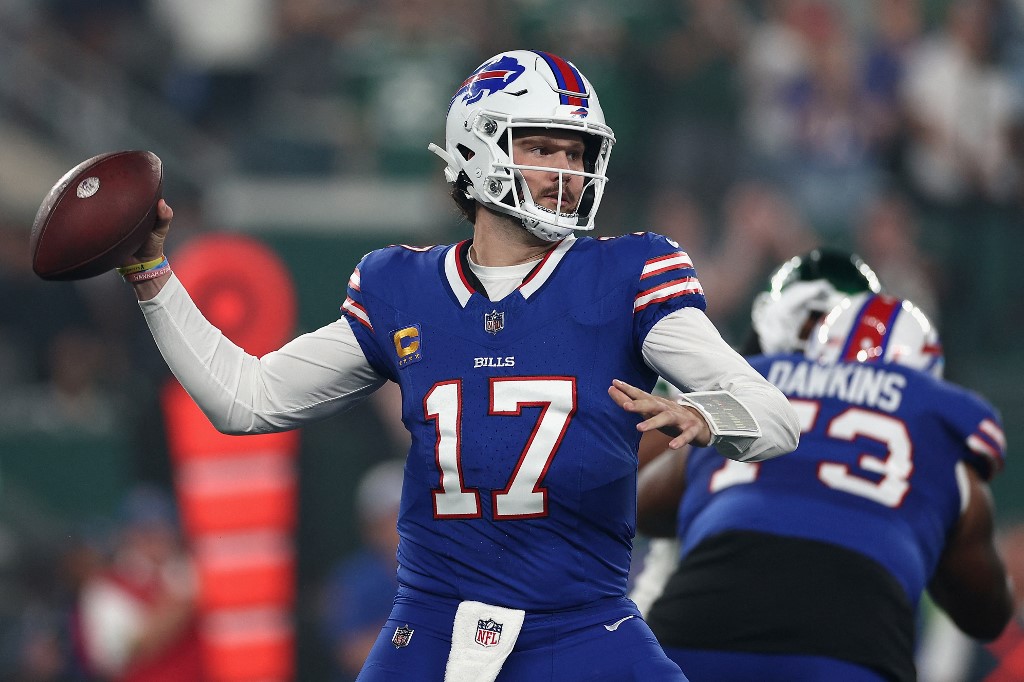 Josh Allen of the Buffalo Bills throws a pass against the New York Jets at MetLife Stadium on Sept. 11, 2023 in East Rutherford, New Jersey as we share our favorite Raiders vs. Bills pick.