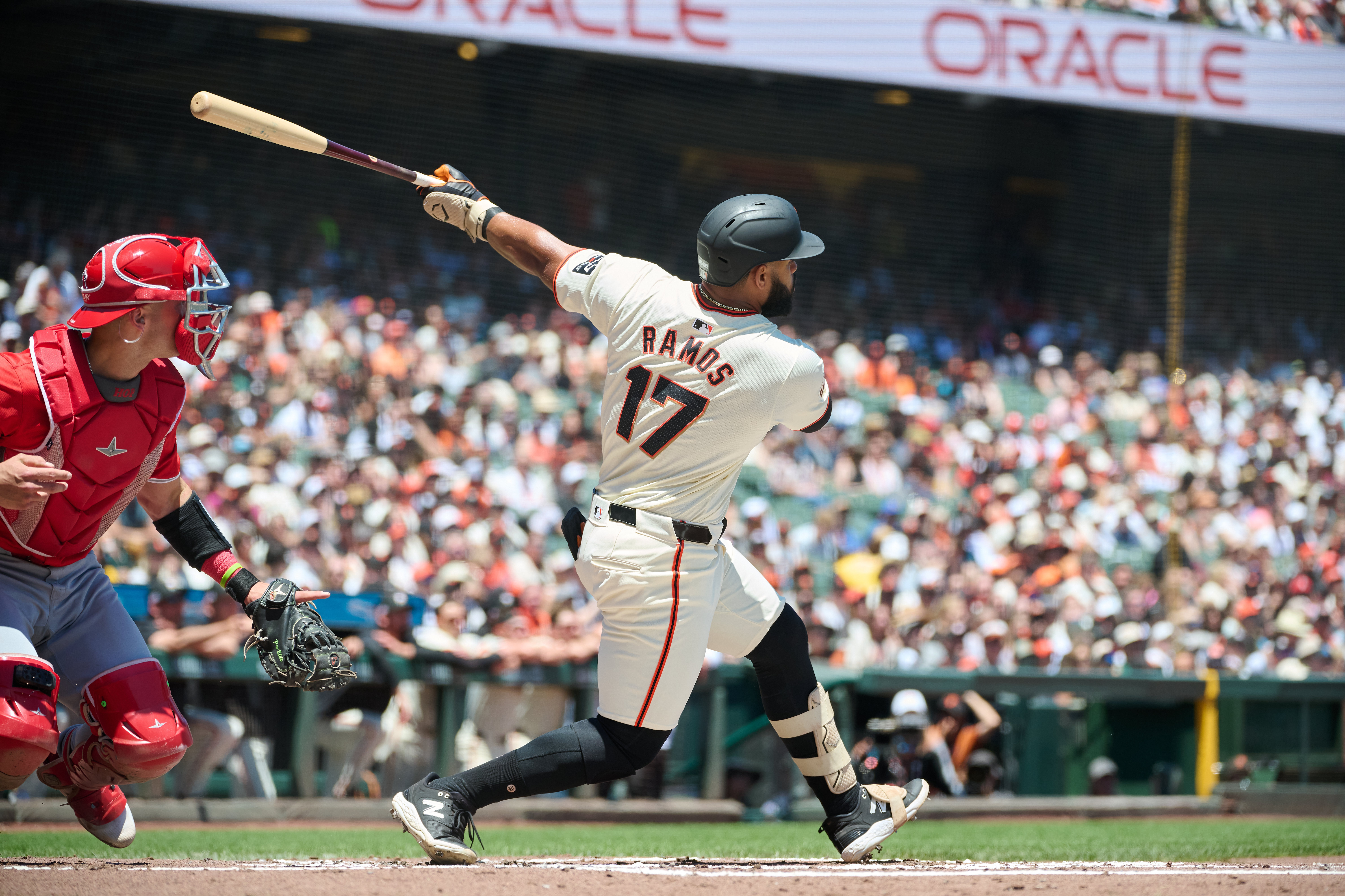 San Francisco Giants outfielder Heliot Ramos hits a two run home run against the Los Angeles Angels during the first inning at Oracle Park. We're backing Ramos in our Giants vs. Cardinals Player Props.