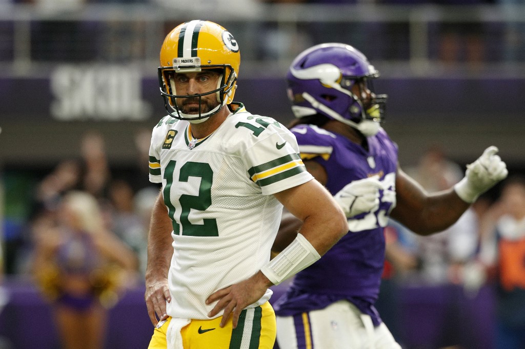 Aaron Rodgers of the Green Bay Packers looks on during the second quarter in the game against the Minnesota Vikings.