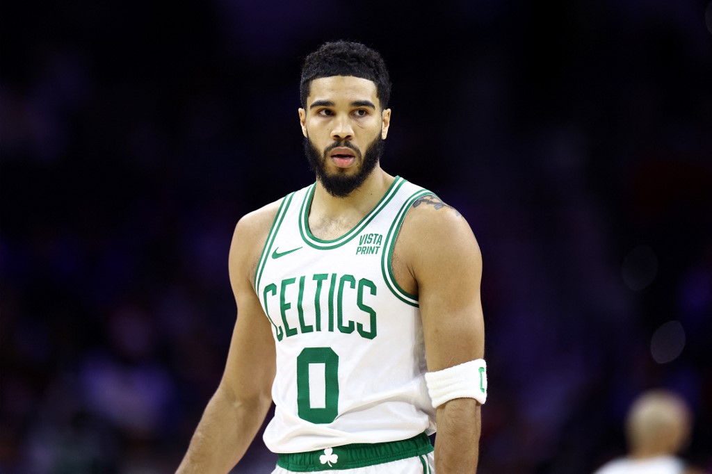 Jayson Tatum of the Boston Celtics looks on during the first quarter against the Philadelphia 76ers, and we offer our top Celtics vs. Lakers NBA player props based on the best NBA odds.