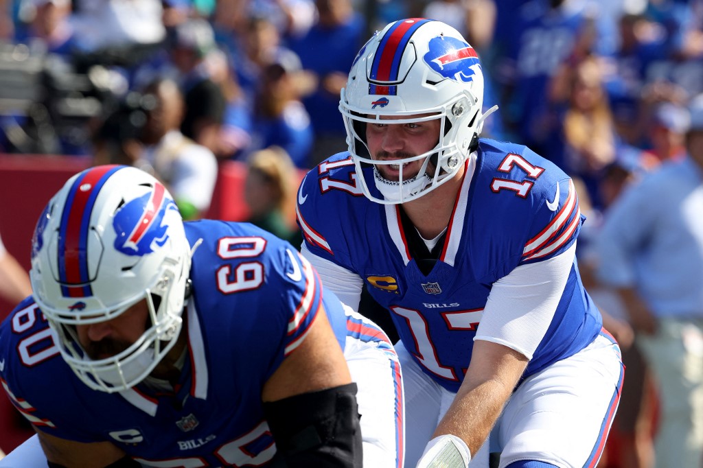Josh Allen #17 of the Buffalo Bills warms up as we look at our bet365 bonus code for Buccaneers-Bills