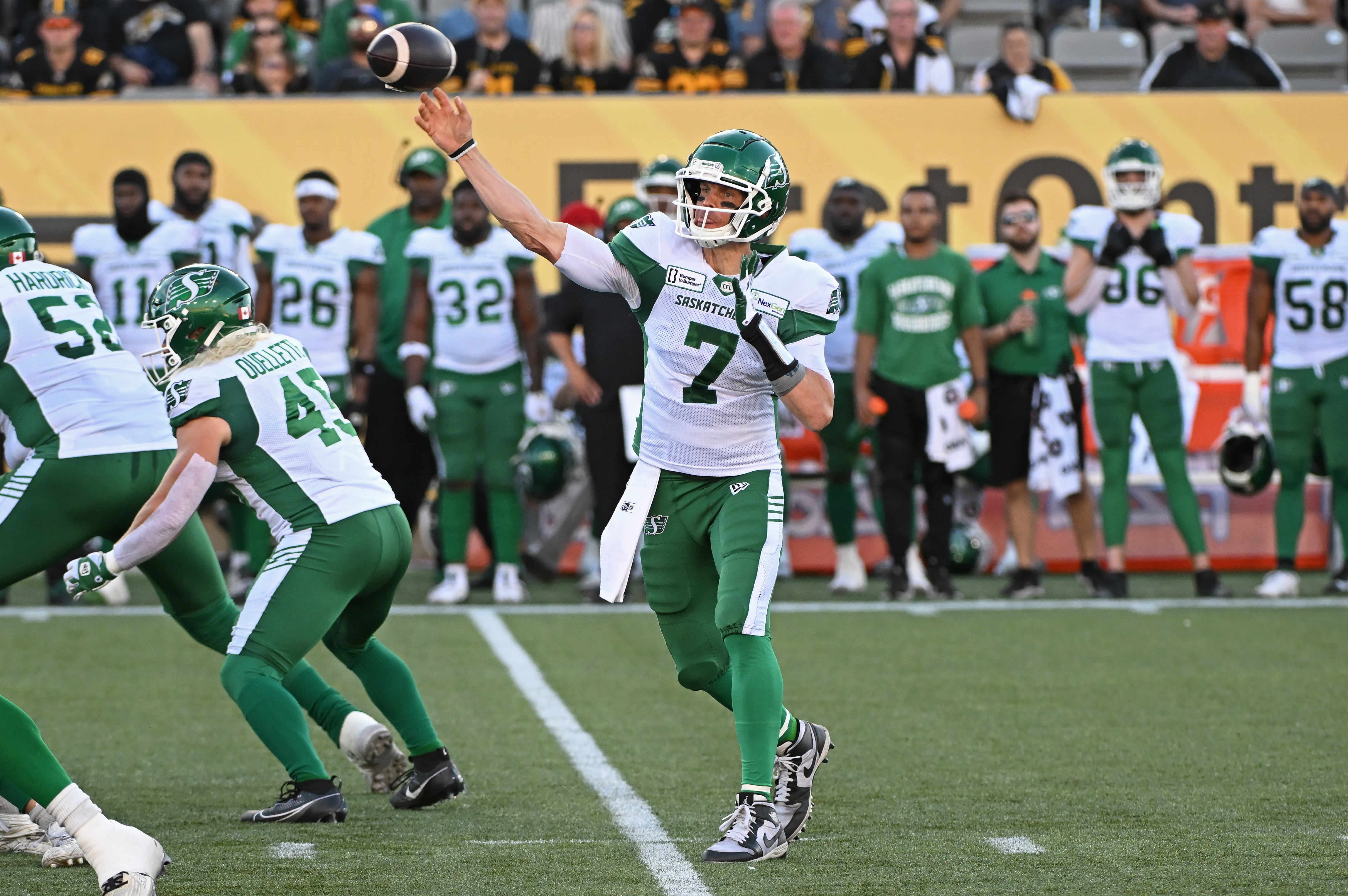 Saskatchewan Roughriders quarterback Trevor Harris throws a pass in the first quarter against the Hamilton Tiger-Cats at Tim Hortons Field. We're backing Saskatchewan in our Argonauts vs. Roughriders Prediction. 