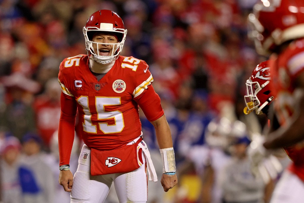 Patrick Mahomes of the Kansas City Chiefs reacts as we share our top Patrick Mahomes player props for Broncos vs. Chiefs in Week 6.