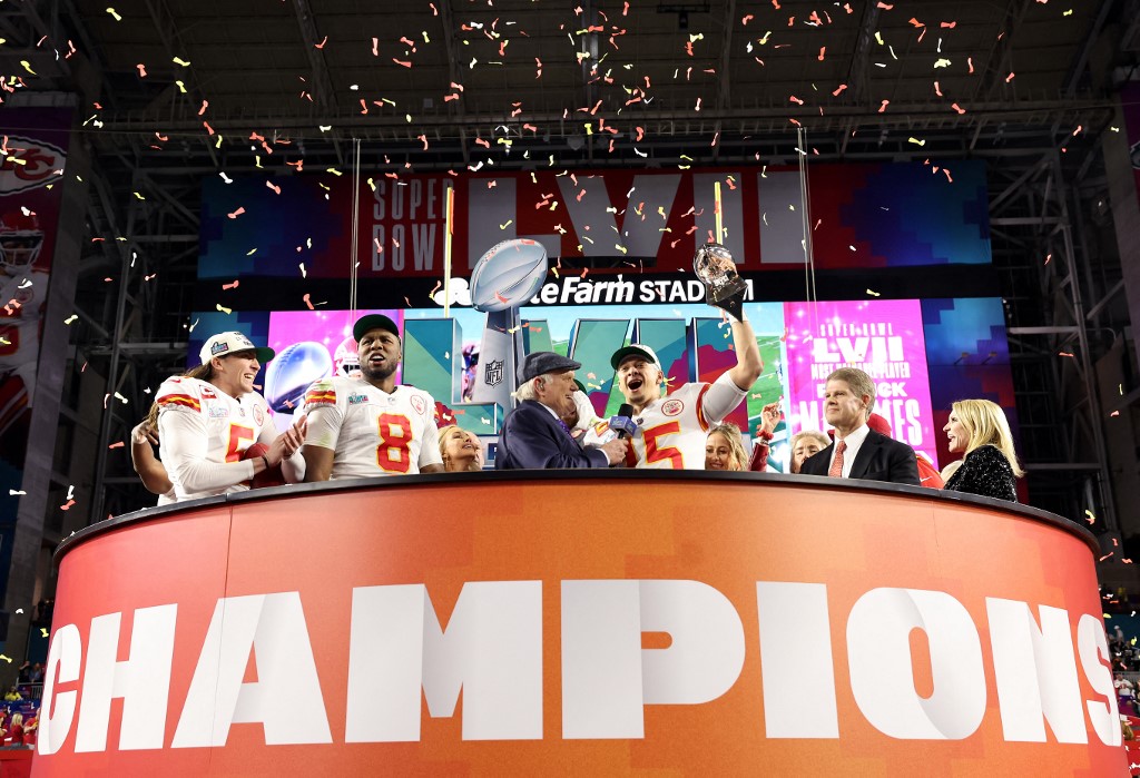 Patrick Mahomes #15 of the Kansas City Chiefs celebrates with the Vince Lombardi Trophy as we look at 3 reasons why NFL bettors need FanDuel