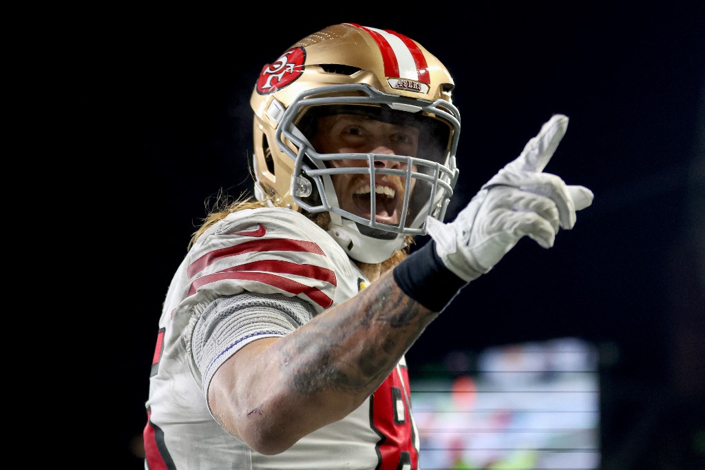 George Kittle of the San Francisco 49ers looks on as we make our Super Bowl receiving props picks and predictions featuring Kittle, Rashee Rice, and Christian McCaffrey ahead of Chiefs vs. 49ers in the Big Game.