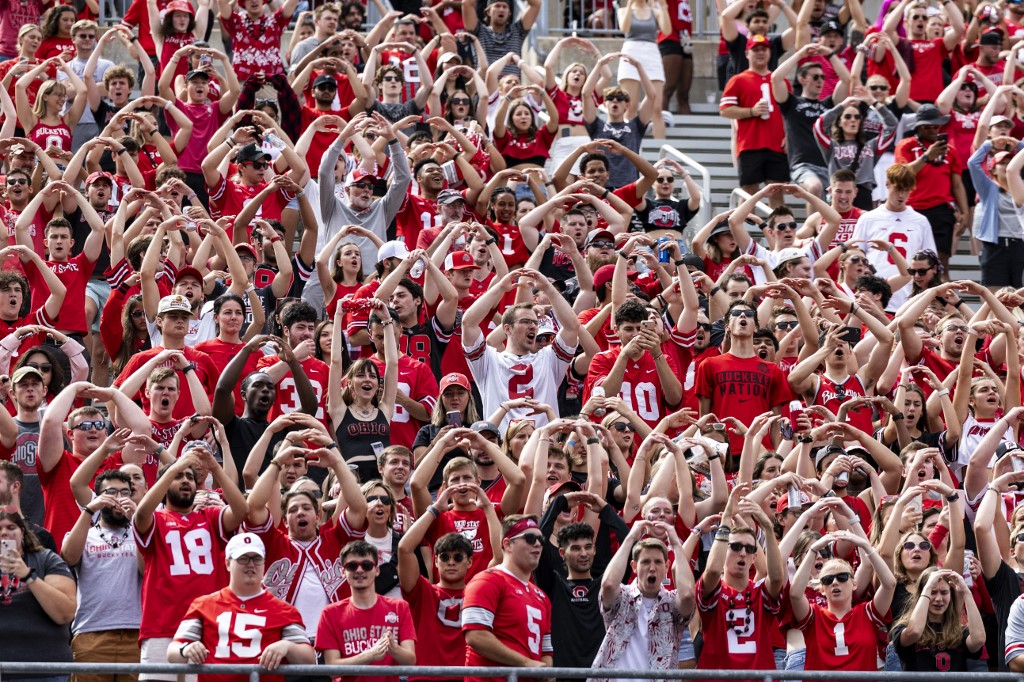 Ohio State Buckeyes fans spell out Ohio during the second quarter of the game against the Youngstown State Penguins at Ohio Stadium as we look at the Ohio college player props ban.