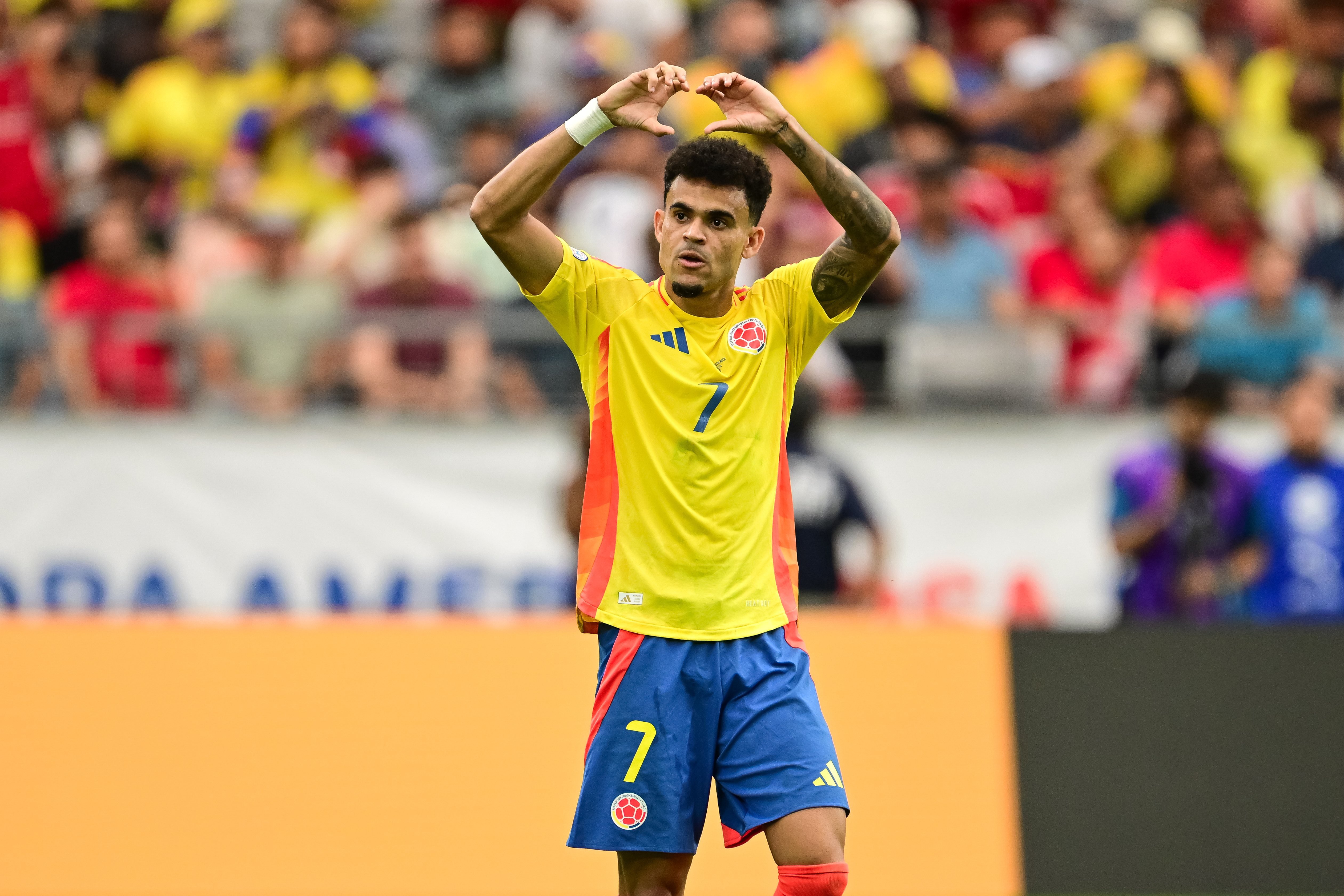 Colombia forward Luis Diaz celebrates his penalty-kick goal against Costa Rica during the first half at State Farm Stadium as we look at our Colombia vs. Panama predictions.