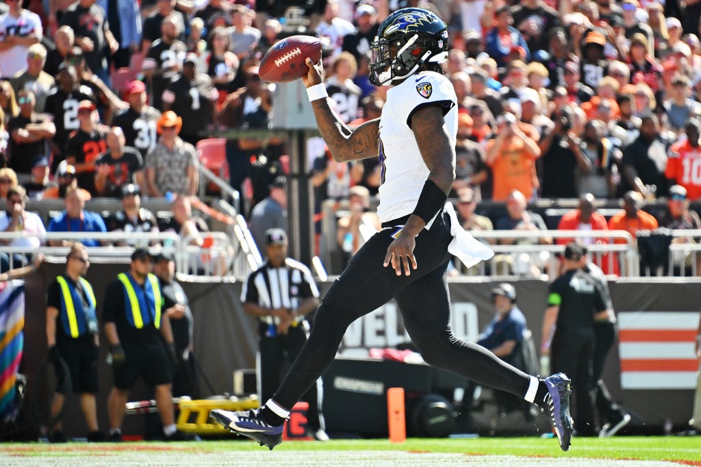 Lamar Jackson #8 of the Baltimore Ravens celebrates as we look at our best anytime touchdown scorer predictions for Week 10