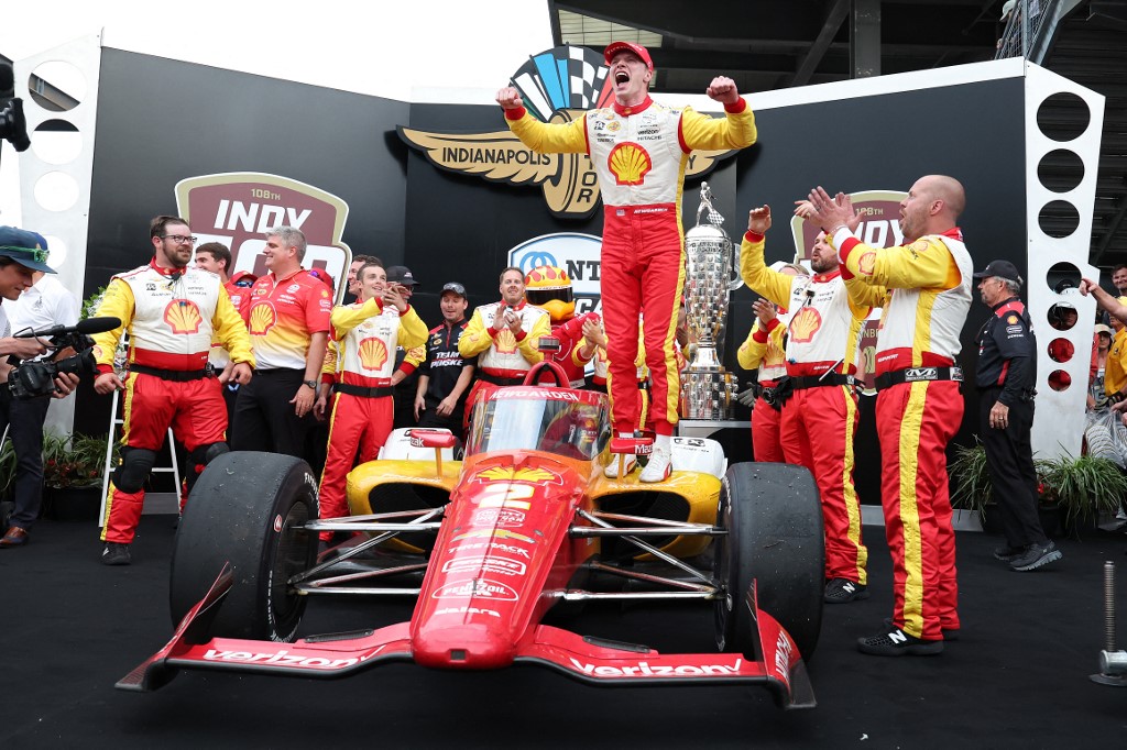 Josef Newgarden, driver of the #2 Shell Powering Progress Team Penske, celebrates in Victory Circle after winning the 108th Running of the Indianapolis 500 as we look at our Indy 500 odds.
