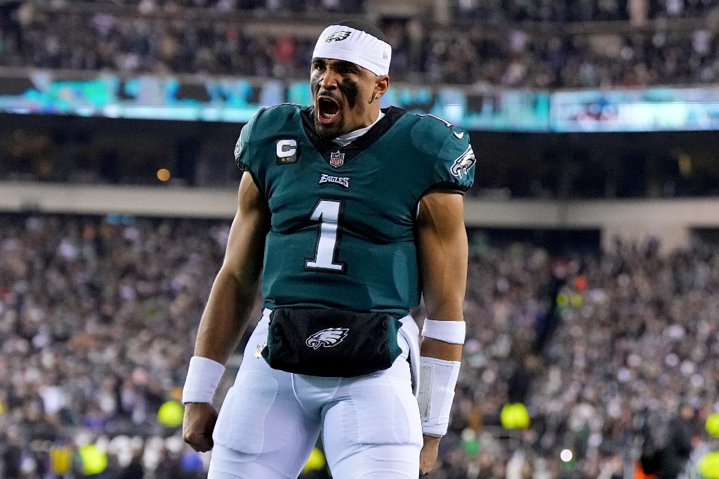 Jalen Hurts of the Philadelphia Eagles reacts prior to a game against the New York Giants, and we offer our top Tua Tagovailoa vs. Jalen Hurts player props for Week 7 based on the best NFL odds.