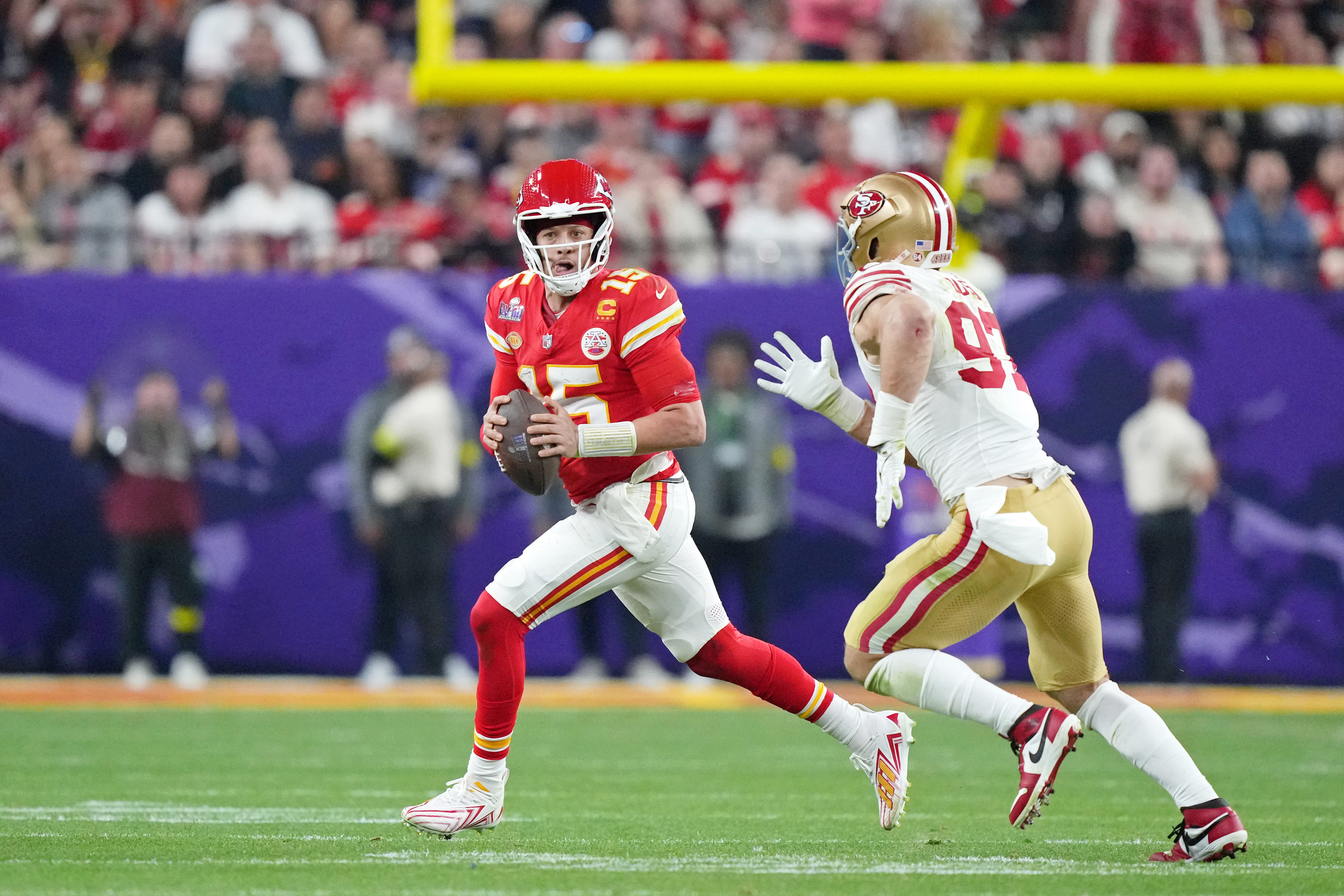 Kansas City Chiefs quarterback Patrick Mahomes looks to pass the ball against the San Francisco 49ers during the third quarter of Super Bowl LVIII at Allegiant Stadium. Mahomes leads the 2024-25 NFL MVP Odds.