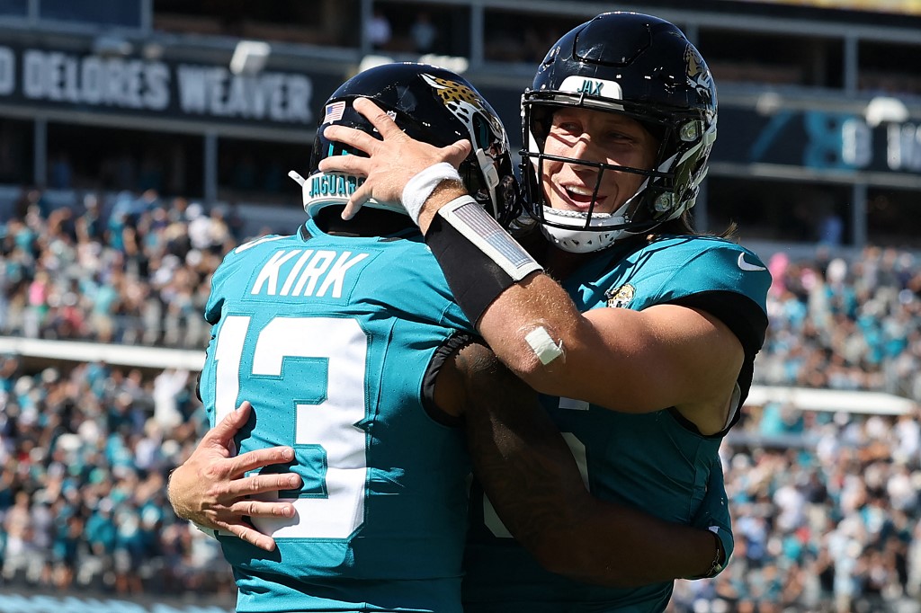 Christian Kirk Trevor Lawrence of the Jacksonville Jaguars celebrate a touchdown during the second quarter against the Indianapolis Colts as we look at our Bengals-Jaguars prediction.