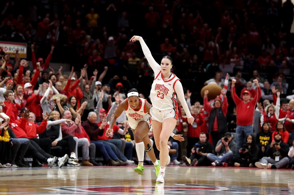 Rebeka Mikulasikova #23 of the Ohio State Buckeyes reacts after making at three-point basket as we look at the financials for Ohio's December 2023 sports betting scene