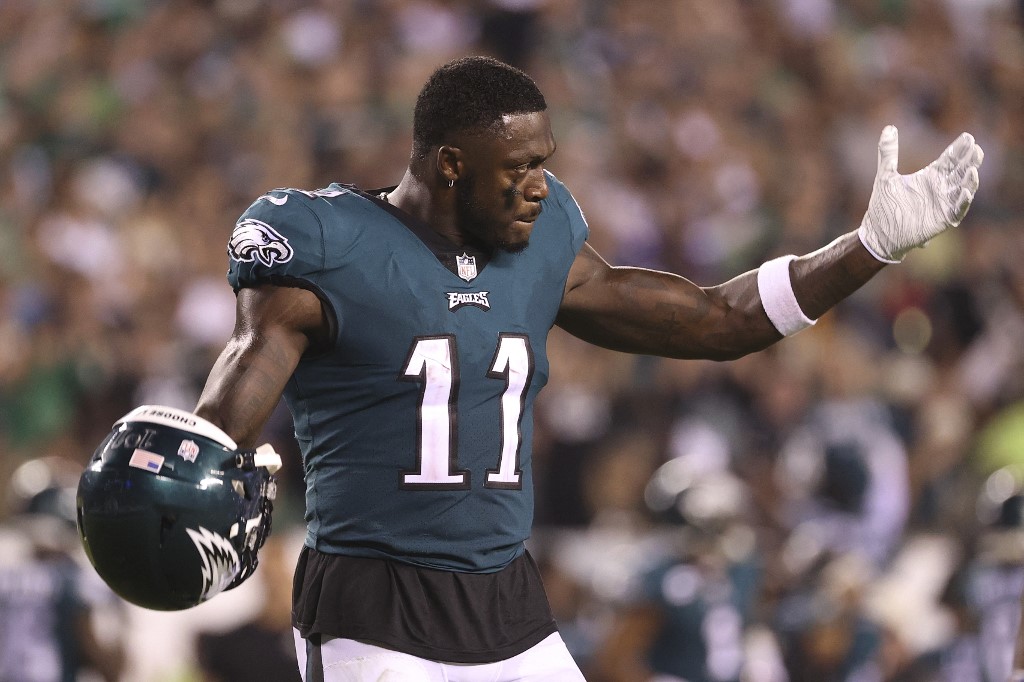 A.J. Brown of the Philadelphia Eagles reacts against the Minnesota Vikings at Lincoln Financial Field on September 19, 2022 in Philadelphia, Pennsylvania.