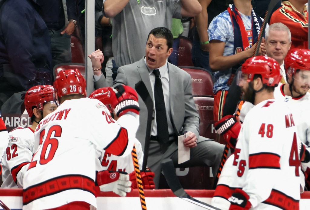 Head coach Rod Brind'Amour of the Carolina Hurricanes handles the bench during the game against the Florida Panthers as we predict the 2024 Stanley Cup winner, Conn Smythe Trophy winner, and more. 