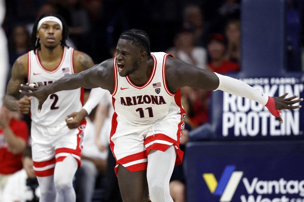 Oumar Ballo of the Arizona Wildcats reacts as w look at the January 2024 Arizona sports betting financials.