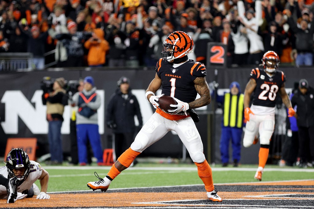 Ja'Marr Chase of the Cincinnati Bengals celebrates after scoring a touchdown as look at the top Jaguars vs. Bengals bonus code.