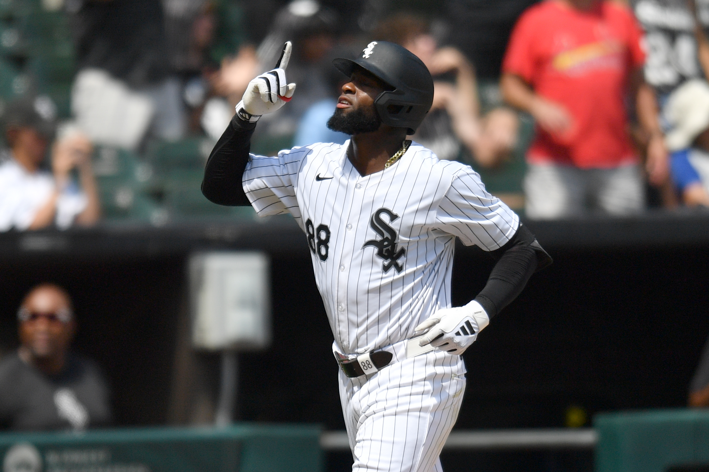 Chicago White Sox center fielder Luis Robert Jr. celebrates his home run during the sixth inning against the Chicago White Sox at Guaranteed Rate Field as we look at our home run props for Tuesday..