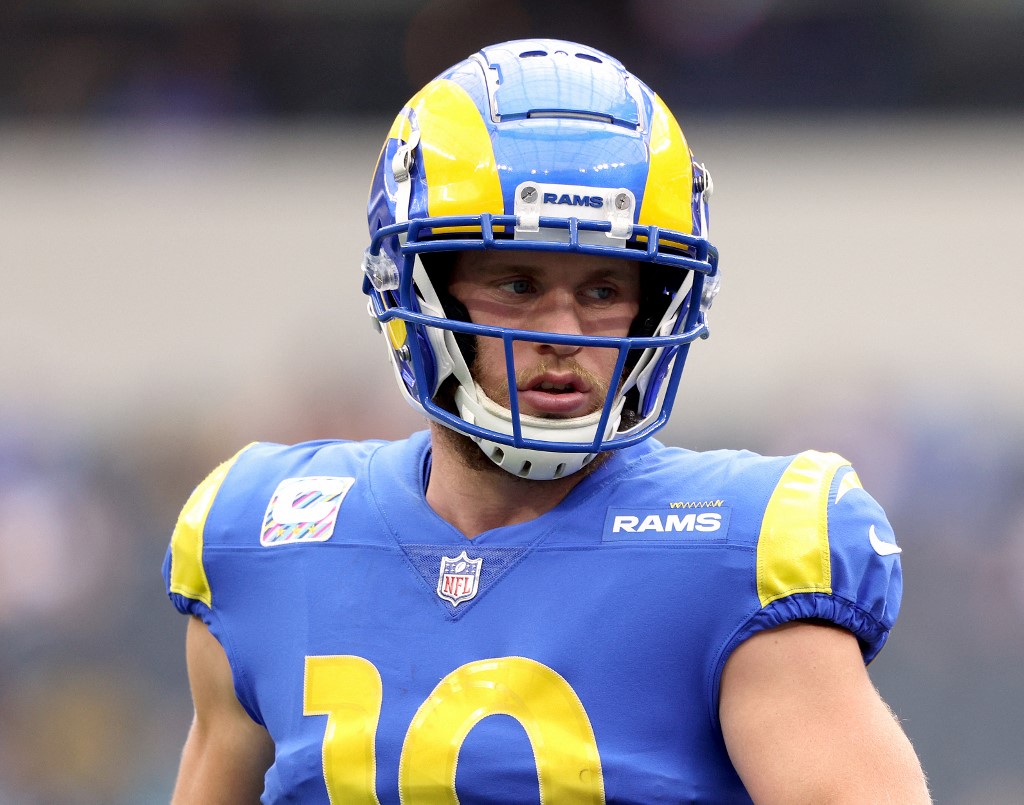 Cooper Kupp of the Los Angeles Rams during warm-up before the game against the Carolina Panthers, and we offer our top Eagles vs. Rams predictions based on the best NFL odds.