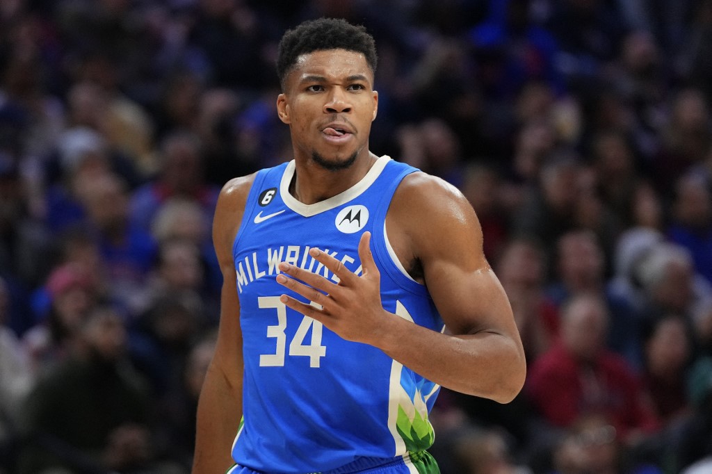 Giannis Antetokounmpo of the Milwaukee Bucks reacts after committing a foul against the Philadelphia 76ers. Read on for our Bucks vs. Bulls picks.