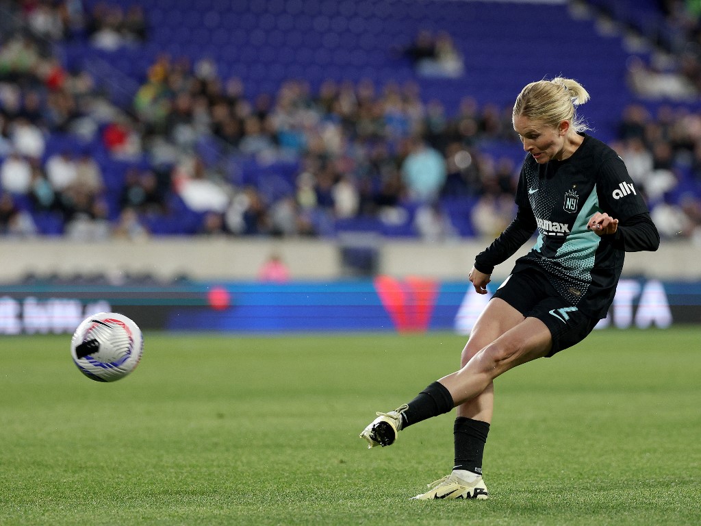 Jenna Nighswonger of the NJ/NY Gotham FC passes the ball as we look at the details around the Fanatics Underscoreg launch in New Jersey