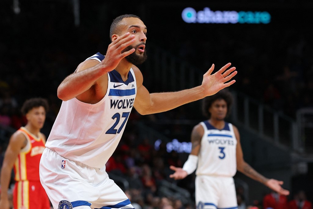 Rudy Gobert #27 of the Minnesota Timberwolves reacts after drawing a technical foul as we look at amendments to sports betting legislation in Minnesota.