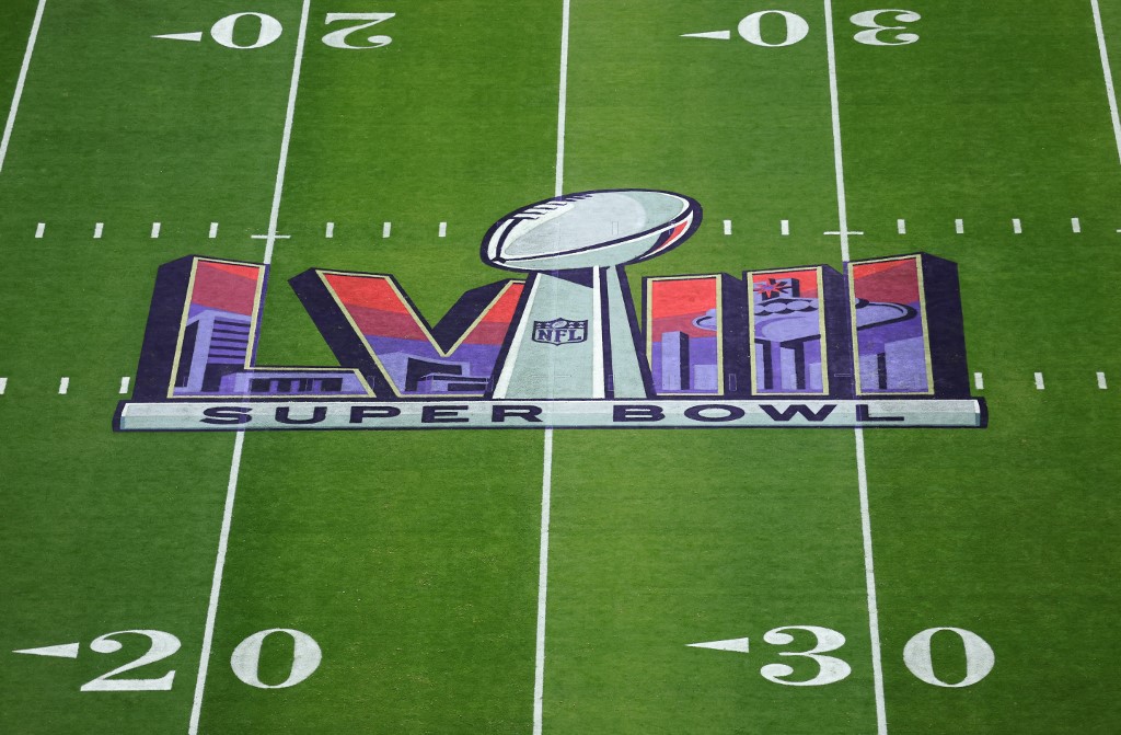 A general view of the Super Bowl LVIII logo on the field prior to the game between the San Francisco 49ers and the Kansas City Chiefs at Allegiant Stadium as we look at the GeoComply Super Bowl report.
