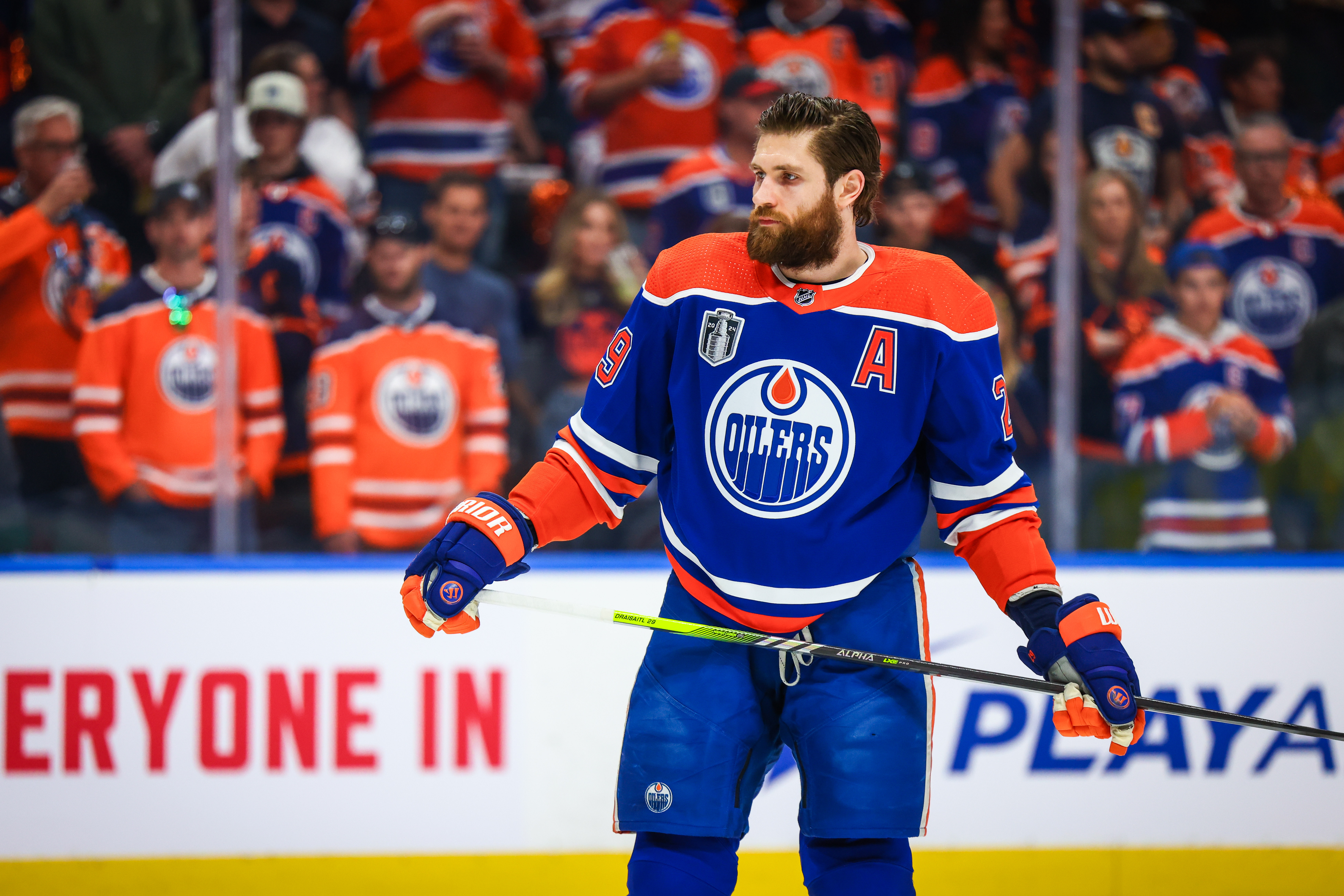 Edmonton Oilers center Leon Draisaitl during warmup as Gonzales Oona gives out his Oilers vs. Panthers parlay.