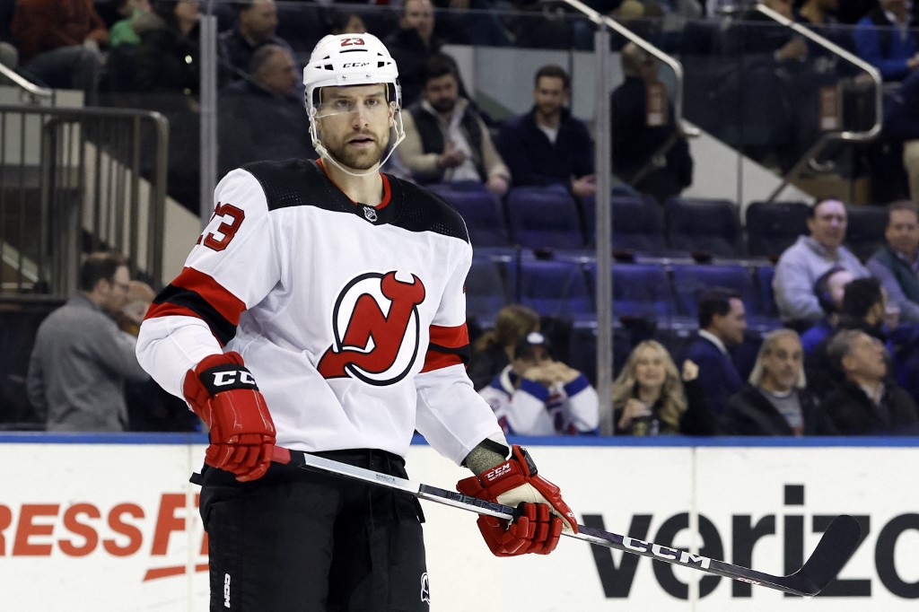 Kurtis MacDermind #23 of the New Jersey Devils looks on during the second period as we look at the New Jersey sports betting scene February 2024 financials