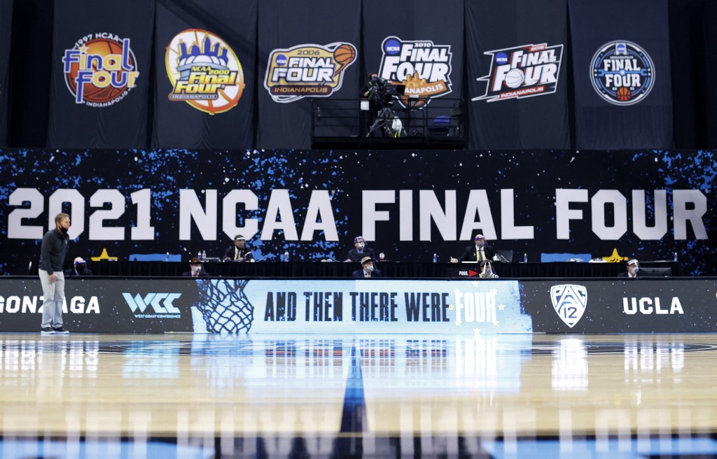 A general view of signage during the 2021 NCAA Final Four semifinal between the UCLA Bruins and the Gonzaga Bulldogs at Lucas Oil Stadium in Indianapolis, Indiana. Photo by Jamie Squire/Getty Images via AFP.