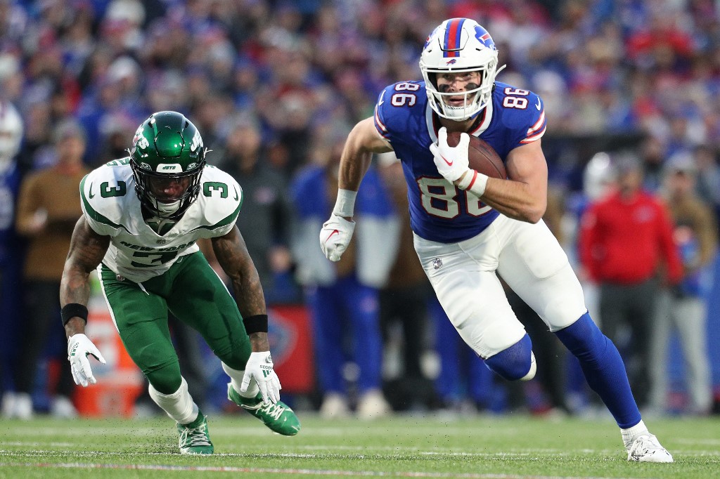 Dalton Kincaid #86 of the Buffalo Bills runs with the ball as we look at our best anytime touchdown scorer predictions