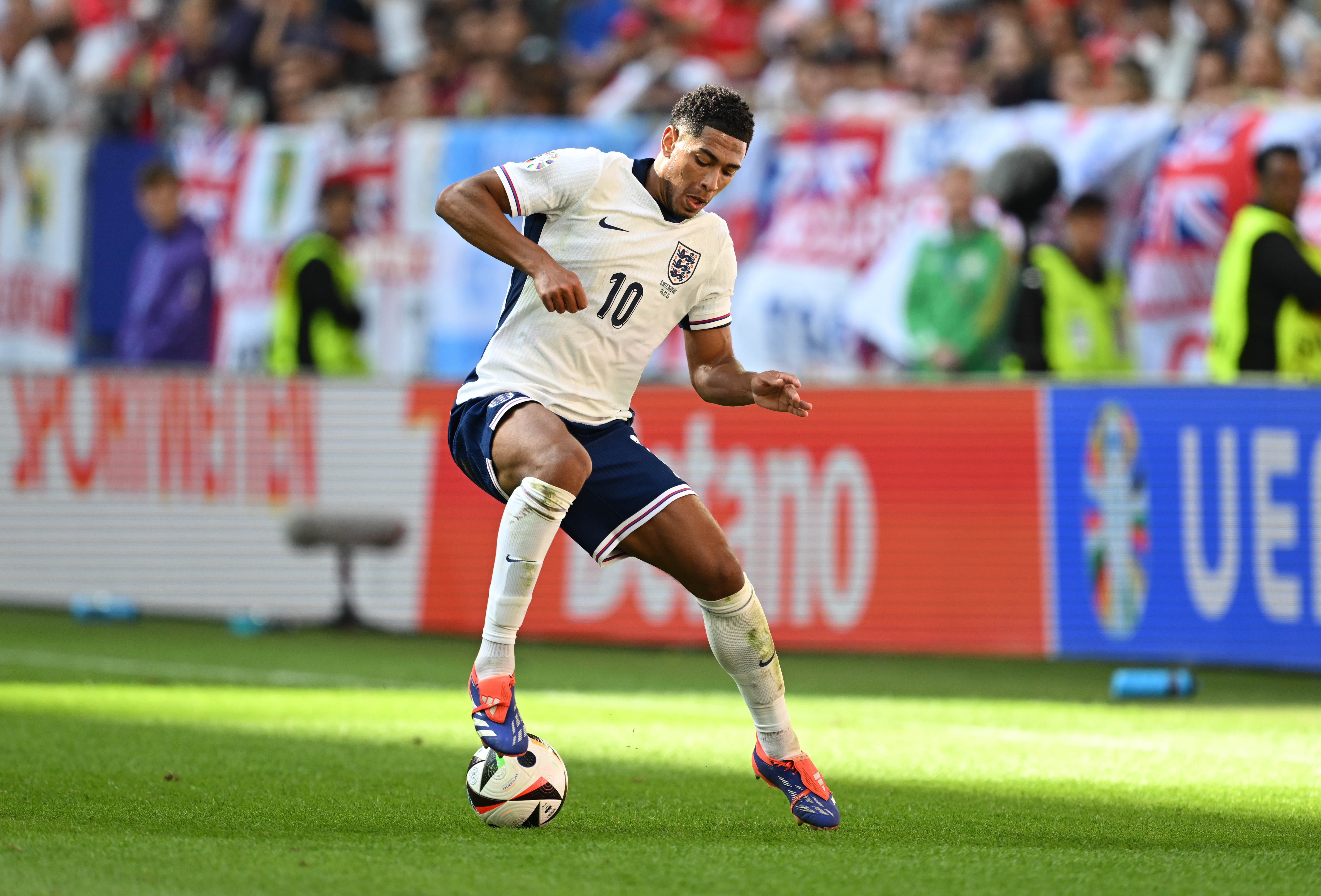 Jude Bellingham controls the ball against Switzerland in the Euro 2024 quarterfinals as we profile our best prop bets for the Netherlands vs. England Euro 2024 semifinal.
