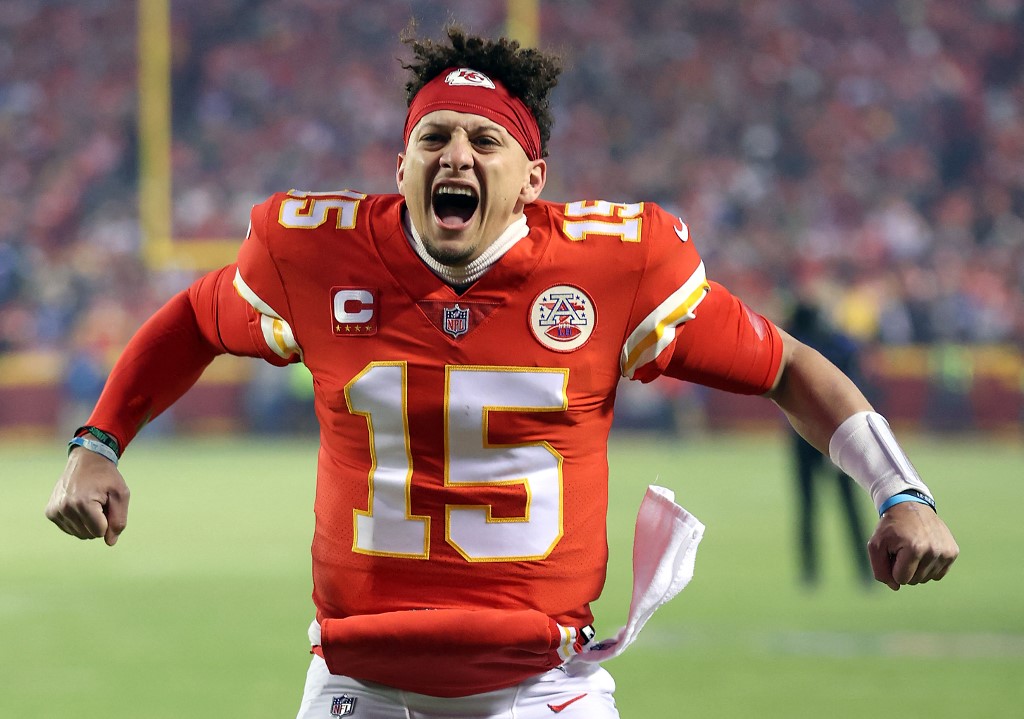 Patrick Mahomes of the Kansas City Chiefs pumps up the crowd as we look at our best Patrick Mahomes NFL player props for Super Bowl 2024.