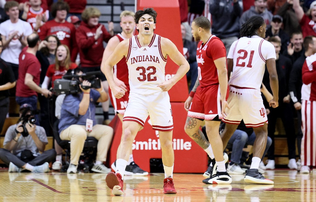 Trey Galloway #32 of the Indiana Hoosiers celebrates as we look at Fanatics Underscoreg launching in Indiana.