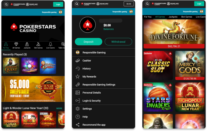 Screenshot of PokerStars Casino mobile app.